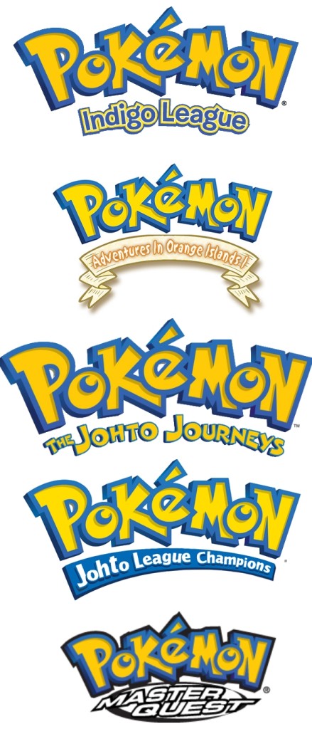 Image of the five pokemon tv show logos in order of air date.