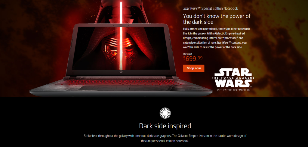 Image of a Star Wars themed laptop made by HP.