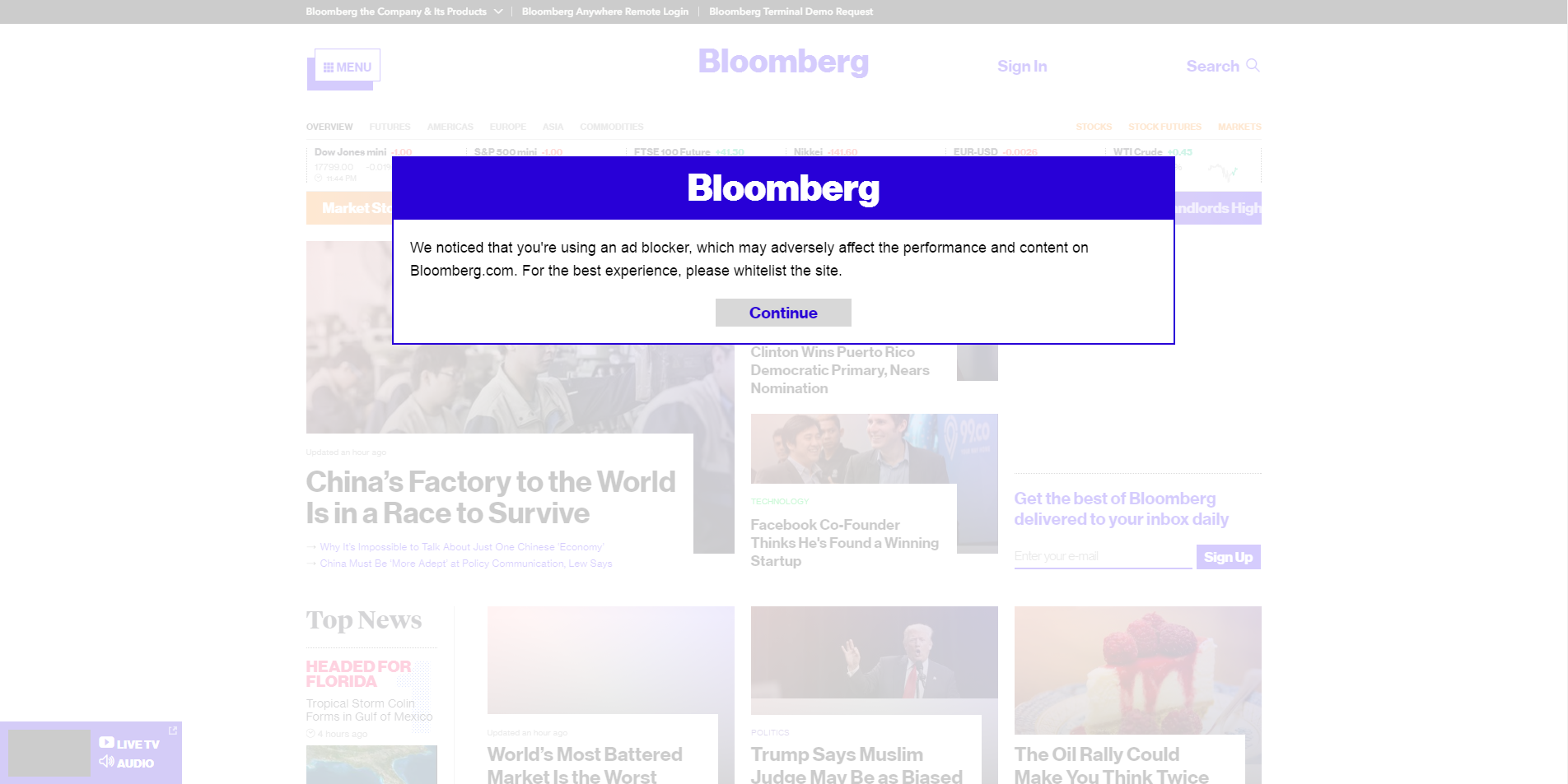 Screenshot of a popup on Bloomberg.com that says "We notcied that you're using an ad blocker, which may adversely affect the performance and content on Bloomberg.com. For the best experience, please whitelist the site."