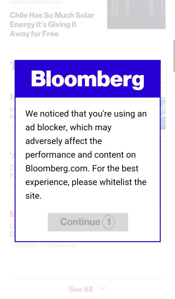 Screenshot of a popup on Bloomberg.com that says "We notcied that you're using an ad blocker, which may adversely affect the performance and content on Bloomberg.com. For the best experience, please whitelist the site."