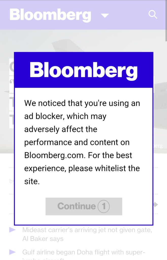 Screenshot of a popup on Bloomberg.com that says "We notcied that you're using an ad blocker, which may adversely affect the performance and content on Bloomberg.com. For the best experience, please whitelist the site."