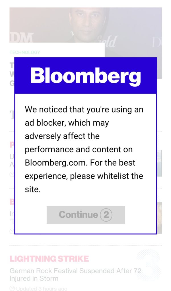 Screenshot of a popup on Bloomberg.com that says "We notcied that you're using an ad blocker, which may adversely affect the performance and content on Bloomberg.com. For the best experience, please whitelist the site."