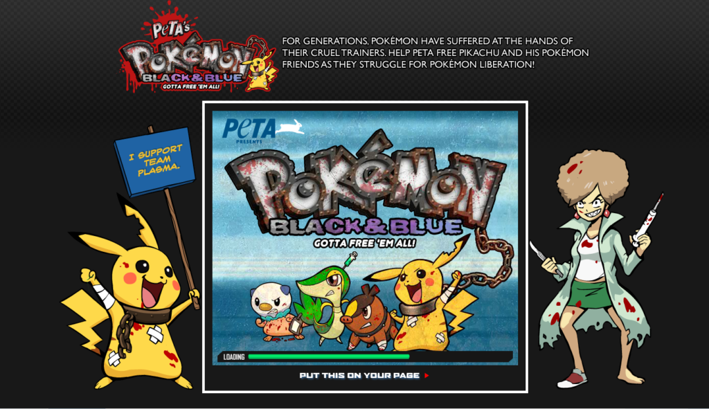 A screen capture of PETA's Pokemon Parody game webpage