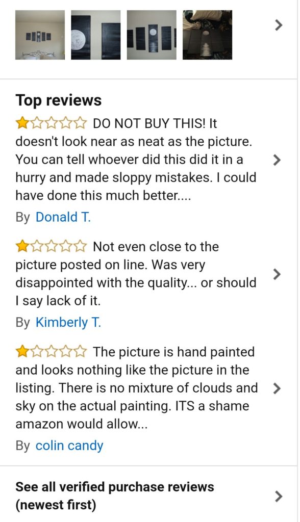 Screenshot of reviews from a painting on amazon