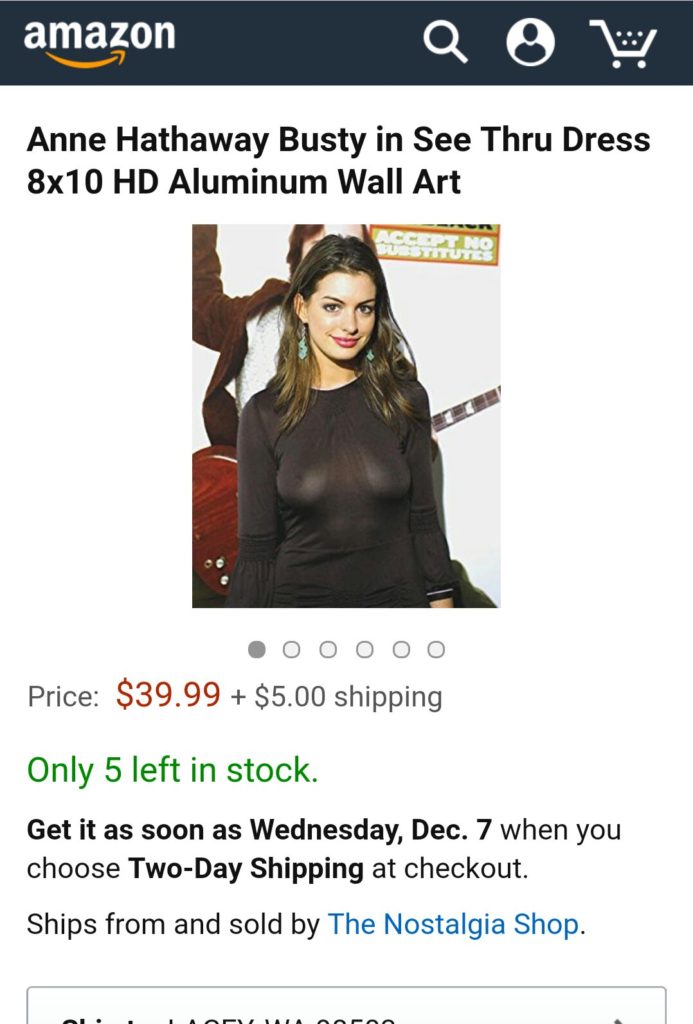 Screenshot of an art print of Anne Hathaway in a see through dress on Amazon