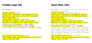 A screenshot of CNN's article comparing the text of Monica Crowley's book with articles it seems she plagiarized from. Identical text is highlighted in yellow.