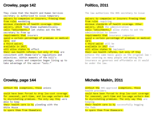 A screenshot of CNN's article comparing the text of Monica Crowley's book with articles it seems she plagiarized from. Identical text is highlighted in yellow.