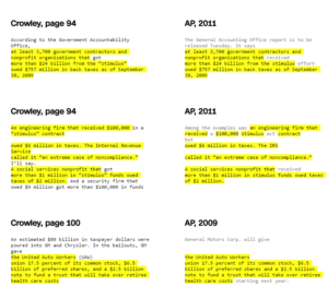 A screenshot of CNN's article comparing the text of Monica Crowley's book with articles it seems she plagiarized from. Identical text is highlighted in yellow.