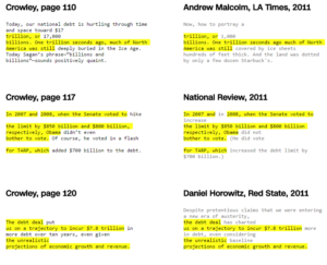 A screenshot of CNN's article comparing the text of Monica Crowley's book with articles it seems she plagiarized from. Identical text is highlighted in yellow.