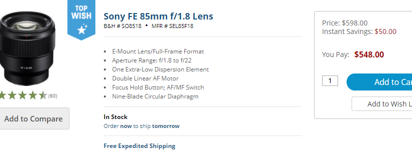 The Sony 85mm f/1.8 is on Sale