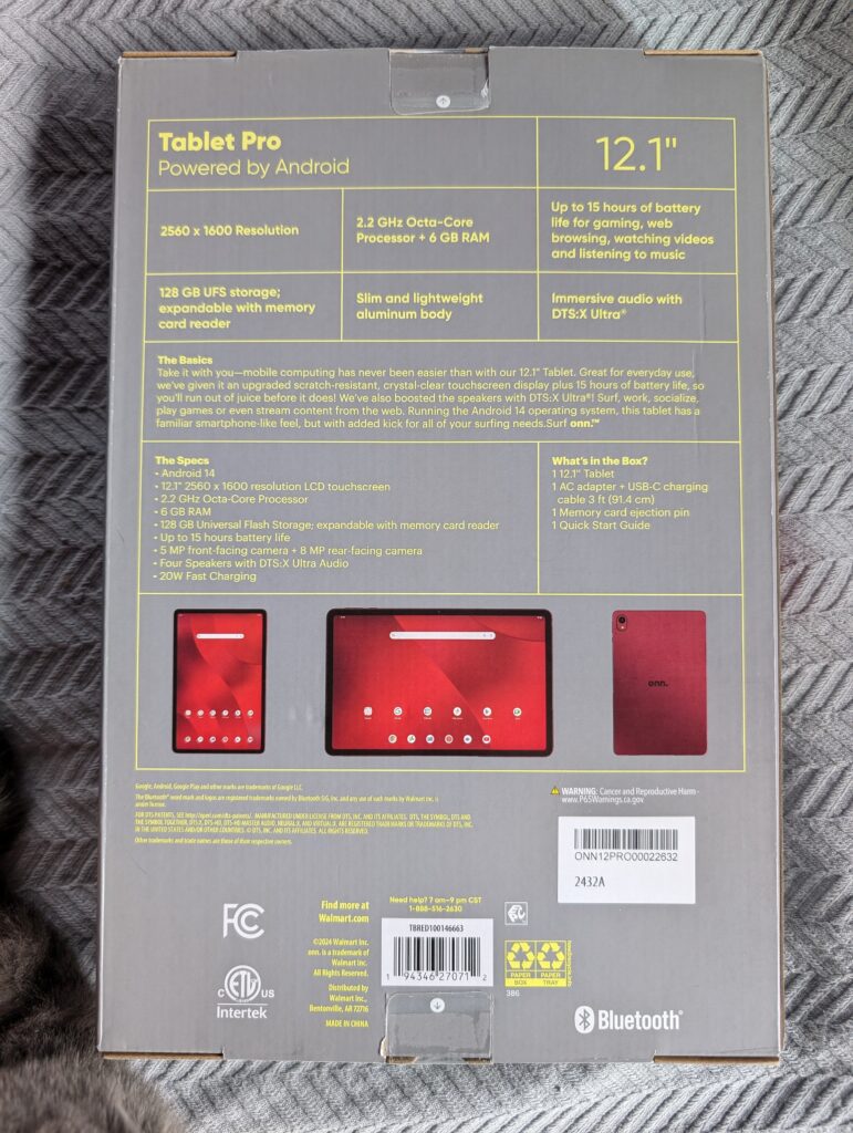 The back of the box of the onn. 12.1" Tablet Pro 128GB (2024 Model)