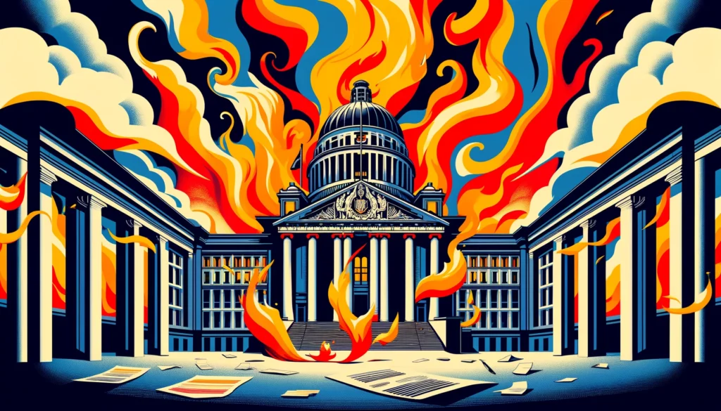 illustration of a government building on fire