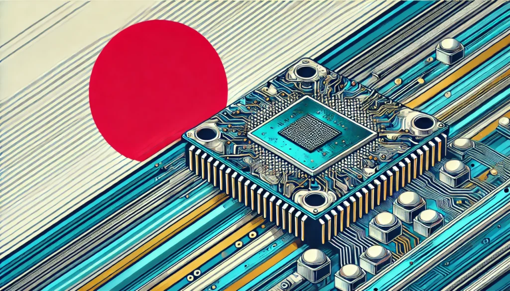 illustration of a semiconductor with a japanese flag behind it