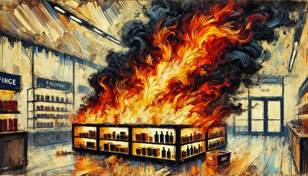 illustration of a retail display case on fire