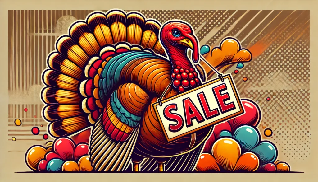 illustration of a turkey with a sale sign on it