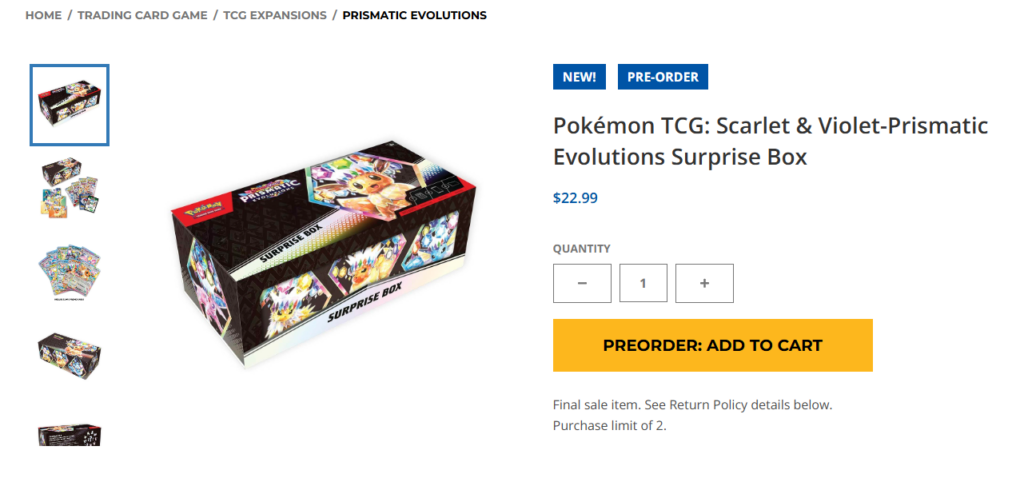 prismatic evolutions surprise box pokemon center