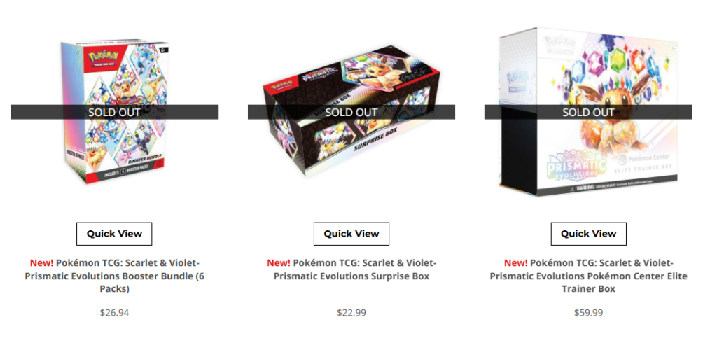 sold out prismatic evolutions on the pokemon center website