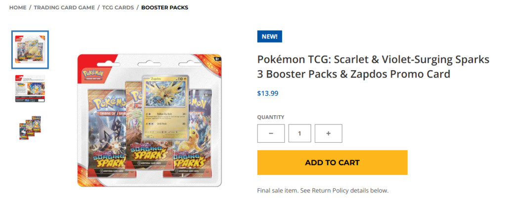 Pokémon TCG: Scarlet & Violet-Surging Sparks 3 Booster Packs & Zapdos Promo Card