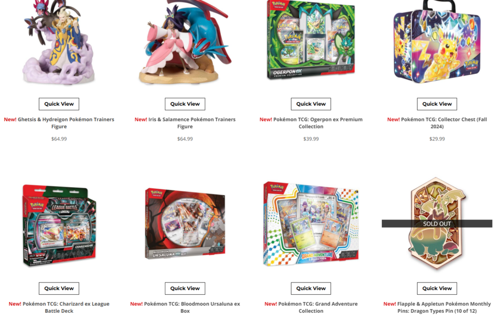 screenshot of new products on pokemoncenter.com