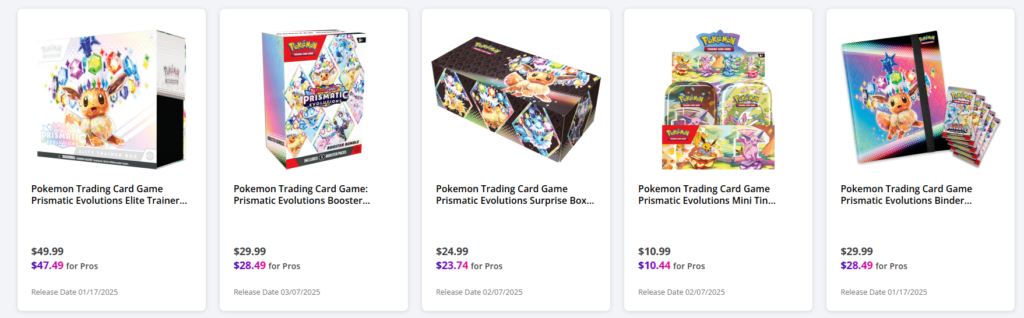 screenshot of Prismatic Evolutions products