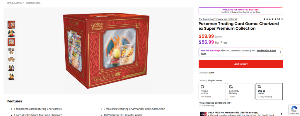 screenshot of GameStop.com's Charizard ex Super Collection $20 off deal