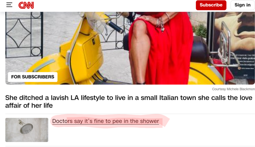 highlighted text on CNN "doctors say its fine to pee in the shower"