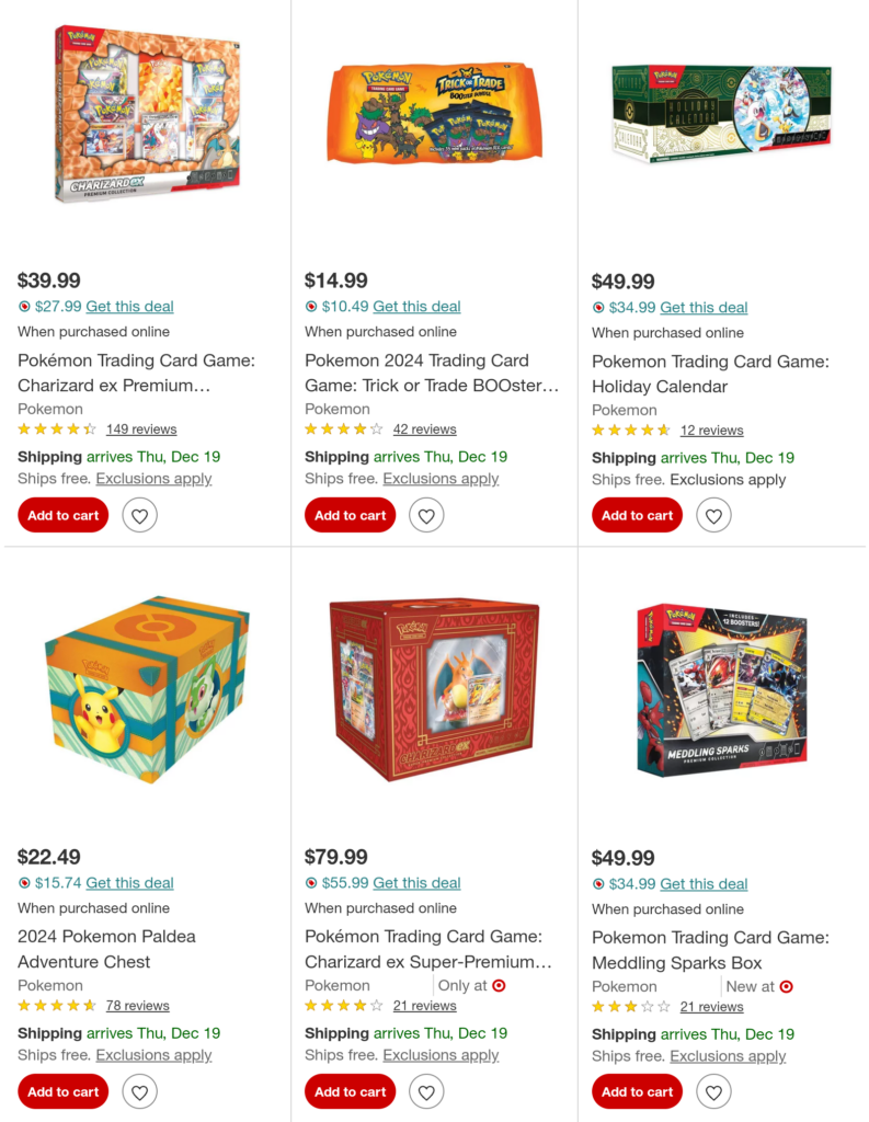 screenshot of pokemon products on Target.com