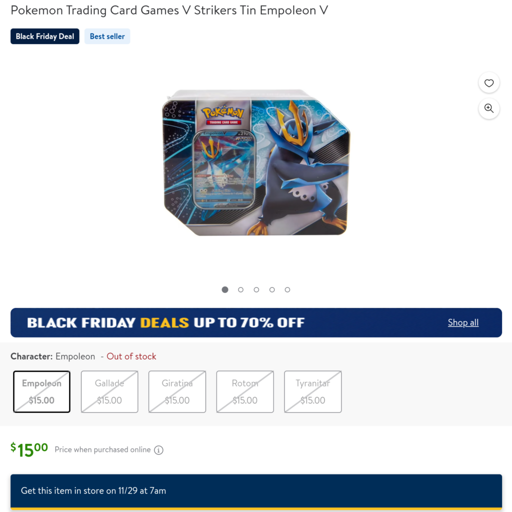 screenshot of an empoleon tin from Walmart.com