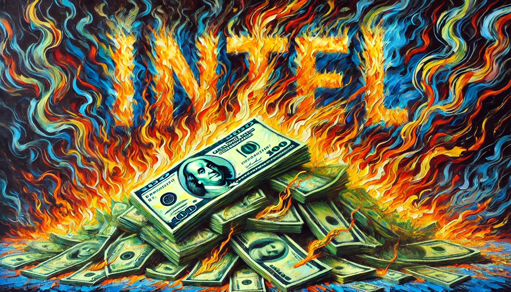 pile of burning cash with text "INTEL"