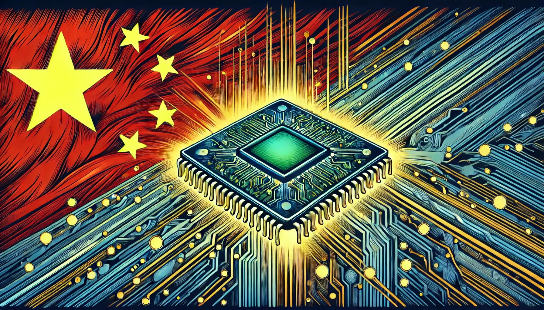 illustration of a computer chip with the Chinese flag behind it