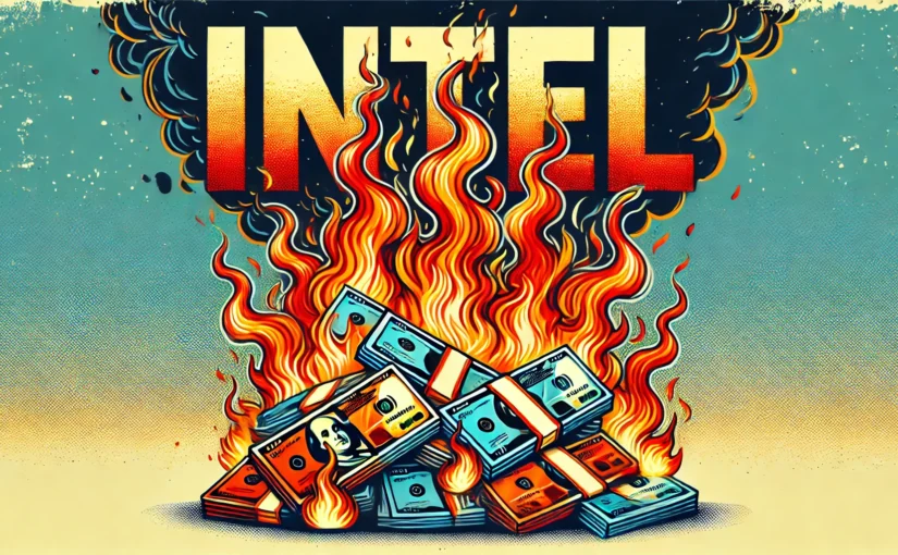 illustration of a pile of money on fire with the word "Intel"