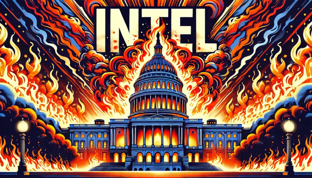 illustration of congress on fire with the word "Intel"