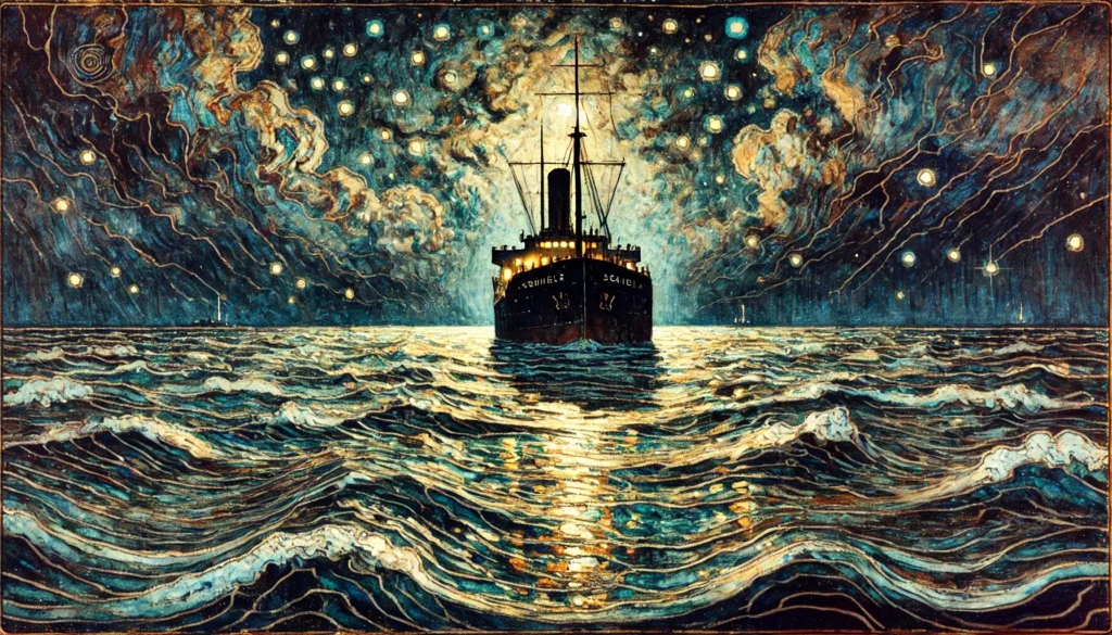 illustration of a cargo ship in the night