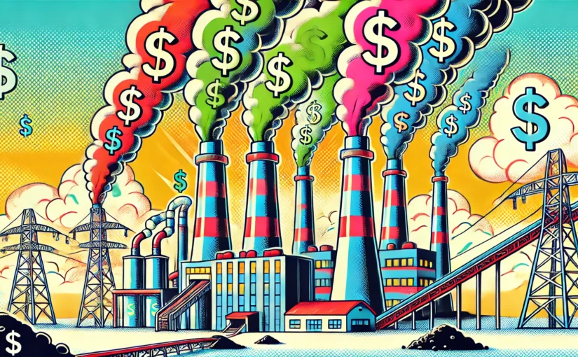 illustration of a coal fired power plant with dollar signs