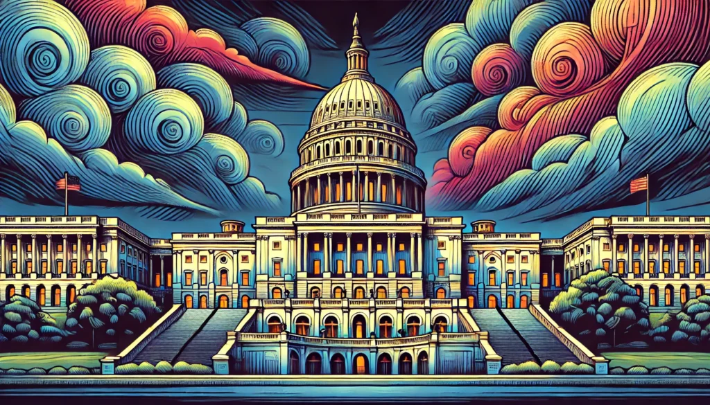 illustration of us capitol building with dark clouds above it