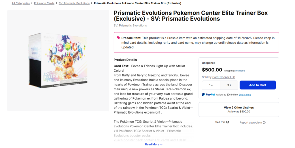 screenshot of prismatic evolutions etb selling for $500