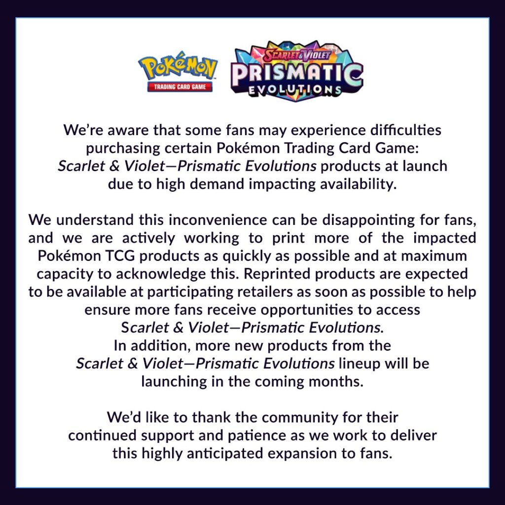 announcement from the pokemon company stating there will be reprints of prismatic evolutions