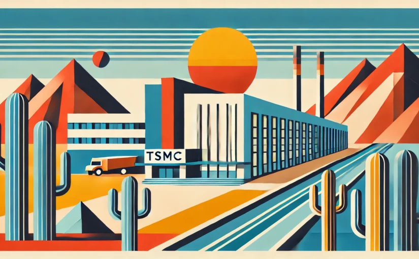 an illustration of a TSMC factory in the desert